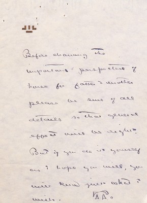 Undated note from Theodate Pope to the McKim, Mead & White architectural firm regarding the planning process before construction commenced on Hill-Stead.